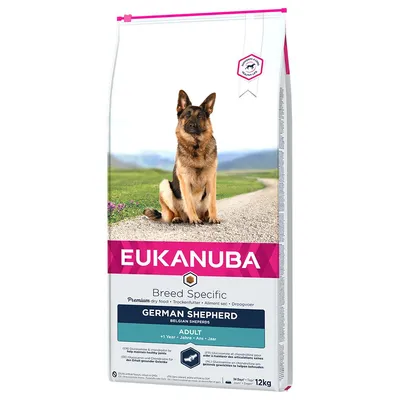 EUKANUBA Breed Specific German Shepherd Adult tørfoder, 12 kg. Tekst: Premium dry food, <1 Year – Jahre – Ans – Jaar, Belgian Sheperds. Billede af schæferhund på posen. EUKANUBA Breed Specific German Shepherd Adult tørfoder, 12 kg. Tekst: Premium dry food, <1 Year – Jahre – Ans – Jaar, Belgian Sheperds. Billede af schæferhund på posen.