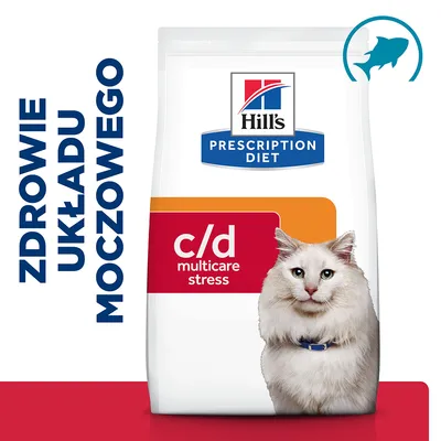 Hill's Prescription Diet c/d multicare stress, napis: zdrowie układu moczowego, opakowanie karmy z wizerunkiem kota i symbolem ryby w prawym górnym rogu.