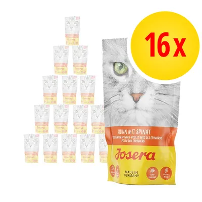 Josera Huhn mit Spinat, 16× kapsiček. Obal s obrázkem kočky, texty: Anti-Hairball, Grain-free, Made in Germany.