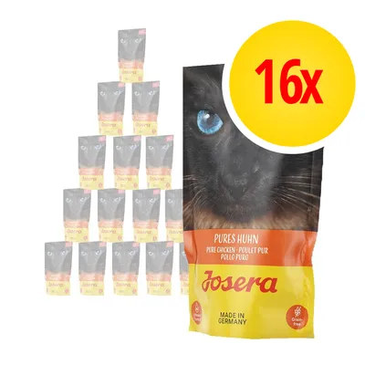 16x Josera Pures Huhn, Pure Chicken, Poulet Pur, Pollo Puro, Grain-free, Made in Germany – balení kapsiček s černou kočkou na obalu.