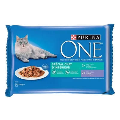 Purina One Spécial Chat d'Intérieur, 4x85g. Eintöpfe in Sauce: Thunfisch mit grünen Bohnen und Kalbfleisch mit Karotten. Minimiert Haarballenbildung, unterstützt gesunde Körpermasse.