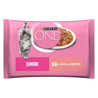 Purina ONE Junior Katzenfutter, X4 mit Lachs und Karotten. Verpackung zeigt eine graue Katze und eine Schale mit Futter.