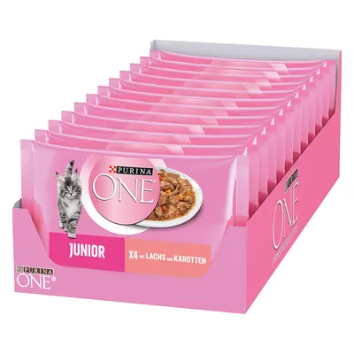 Purina ONE Junior kattmat, X4 med lax och morötter. Rosa förpackning med bild av katt och skål med foder.
