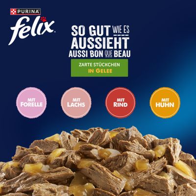 Felix "So gut wie es aussieht" Pouches 24 x 85 g - Rind & Karotte, Huhn & Tomate, Lachs & Zucchini, Forelle & Grüne Bohnen