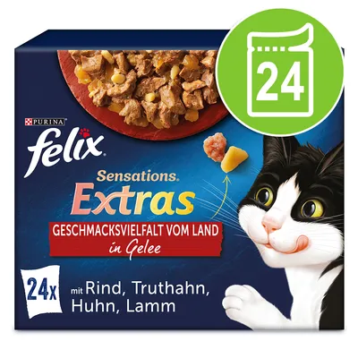 Purina Felix Sensations Extras Geschmacksvielfalt vom Land in Gelee, 24x mit Rind, Truthahn, Huhn, Lamm. Purina Felix Sensations Extras Geschmacksvielfalt vom Land in Gelee, 24x mit Rind, Truthahn, Huhn, Lamm.