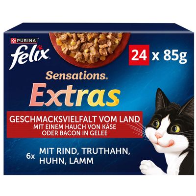 Purina Felix Sensations Extras разнообразие вкусов с фермы в желе, 24x с говядиной, индейкой, курицей, ягненком.