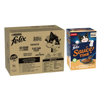 Purina Felix Dupla Finomság Duo Countryside Selection aszpikban, 120x85 g, 100%-ban teljes értékű és kiegyensúlyozott, omega-6 zsírsavakat és vitaminokat tartalmaz. Csomagoláson macska látható.