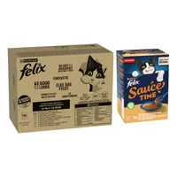 24x40 g gratis! 120x80 g/120x85 g Pachet Jumbo Felix + gratis 24x40 g Felix Souce Time hrană pisici - "La fel de bun pe cât arată" în gelatină 120 x 85 g Amestec de carne I (vită, pui, rață, miel) + Sauce Time Gust de pui și curcan 24 x 40 g