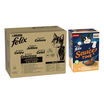 Purina Felix Dupla Finomság Duo Countryside Selection aszpikban, 120x85 g, 100%-ban teljes értékű és kiegyensúlyozott, omega-6 zsírsavakat és vitaminokat tartalmaz. Csomagoláson macska látható.