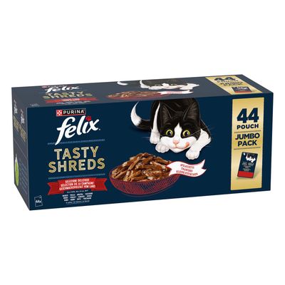 Purina Felix Tasty Shreds Farm Selection, 44 Pouch Jumbo Pack. Keine Farbstoffe. Verschiedene Geschmacksrichtungen abgebildet.