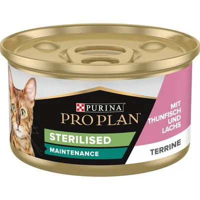 Purina Pro Plan Sterilised Maintenance Terrine, testo visibile: mit Thunfisch und Lachs. Immagine di una lattina con foto di un gatto.