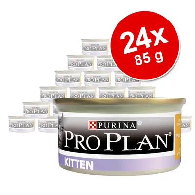 Set 24x85 g conserve Purina Pro Plan Kitten, etichetă vizibilă cu denumirea produsului și mențiunea pentru pisici tinere.