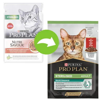 Ambalaj vechi și nou pentru hrană umedă pisici Purina Pro Plan Sterilised cu vită în sos. Text vizibil: Nutri Savour, Maintenance, Adult, fără coloranți adăugați. Ambalaj vechi și nou pentru hrană umedă pisici Purina Pro Plan Sterilised cu vită în sos. Text vizibil: Nutri Savour, Maintenance, Adult, fără coloranți adăugați.