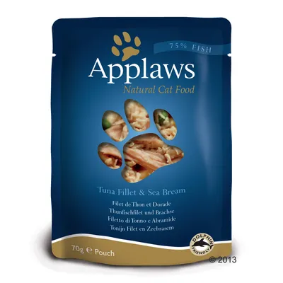 Applaws Natural Cat Food, 75% Fish, Tuna Fillet & Sea Bream, 70 g. Dolphin Friendly. Synligt indhold gennem poteformet vindue på emballagen.