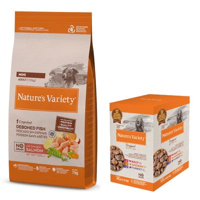 Nature's Variety 12 kg pienso + 4 x 150 / 300 g comida húmeda ¡gratis! No Grain Adult Mini Salmón 7 kg + No Grain Paté Med/Maxi 4 x 300g