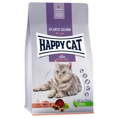 Sac de croquettes Happy Cat Senior Atlantik Lachs, Atlantic Salmon 8+ years, image d’un chat gris, mentions All in One et Natural Life Concept, ingrédients illustrés : saumon, betterave, persil.