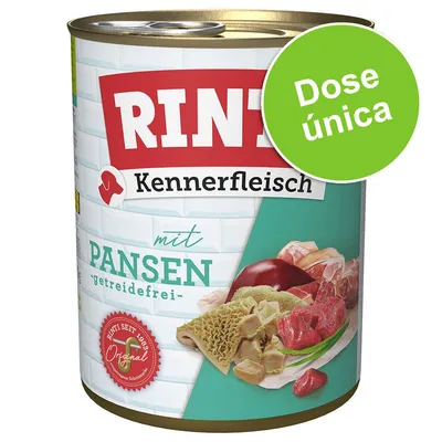 Lata de comida para cão Rinti Kennerfleisch mit Pansen, getreidefrei. Selo: Original seit 1983. Círculo verde com texto: Dose única.