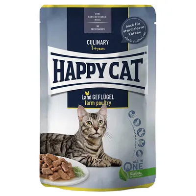 HAPPY CAT Land Geflügel farm poultry, CULINARY 1+ years, uden konserveringsmidler, også til steriliserede katte. Billede af kat og foderstykker på tallerken på emballagen.