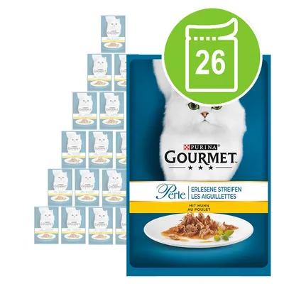 Purina Gourmet Perle cat food multipack, 26 pouches. Front pouch shows white cat, plate of shredded meat, text: 'Erlesene Streifen', 'Mit Huhn au Poulet'. Purina Gourmet Perle cat food multipack, 26 pouches. Front pouch shows white cat, plate of shredded meat, text: 'Erlesene Streifen', 'Mit Huhn au Poulet'.