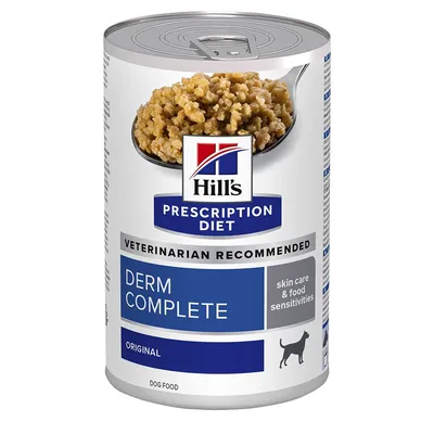 Scatoletta Hill's Prescription Diet Derm Complete Original per cani, testo visibile: skin care & food sensitivities, VETERINARIAN RECOMMENDED, immagine del prodotto in primo piano.