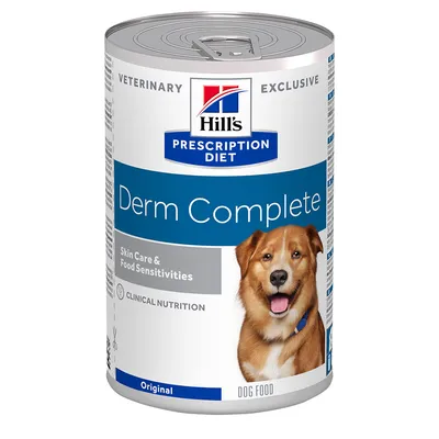 Hill's Prescription Diet Derm Complete, Skin Care & Food Sensitivities, Clinical Nutrition, Original, DOG FOOD. Dåse med hundefoder til hudpleje og følsomhed.