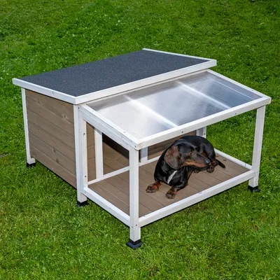 Niche en bois avec toit incliné, partie avant couverte en plastique transparent, chien noir allongé à l’intérieur, posée sur pelouse verte. Matériaux visibles : bois, plastique.