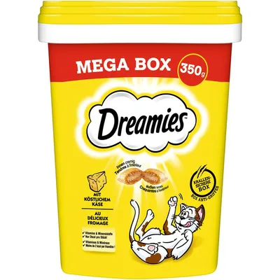 Dreamies Mega Box med lækker ost, 350g. Blød indeni, sprød udenpå. Klo-sikker boks. Vitaminer og mineraler, under 2 kcal pr. styk.