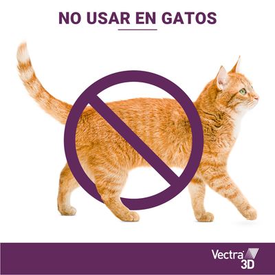 Texto: NO USAR EN GATOS. Vectra 3D. Imagen de un gato con símbolo de prohibido superpuesto, indicando que el producto no debe usarse en gatos.