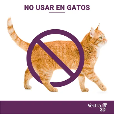 Texto: NO USAR EN GATOS. Vectra 3D. Imagen de un gato con símbolo de prohibido superpuesto, indicando que el producto no debe usarse en gatos.