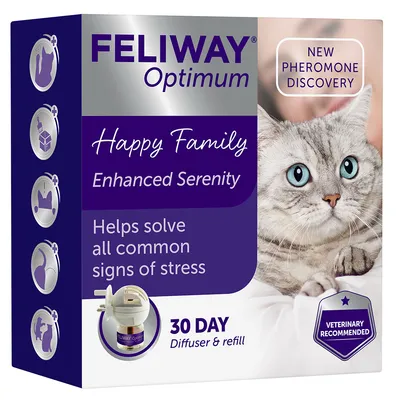 Feliway Optimum 30 day diffuser and refill, new pheromone discovery, helps solve all common signs of stress, veterinary recommended, enhanced serenity for a happy family.