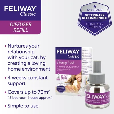 Feliway Classic diffuser refill. Provides 4 weeks of support, covers up to 70 square metres, simple to use, nurtures relationship with your cat by creating a loving home environment.