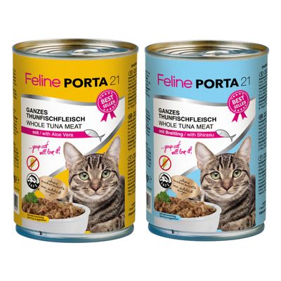 Feline Porta 21, Feines Hühnerfleisch Fine Chicken Meat pur/pure, sans sucres ajoutés, conserve avec photo de chat et bol de viande. Badge Best Seller visible sur l’emballage.