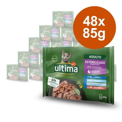 Ultima Fit & Delicious Adulto Esterilizado kattefoder, 48 x 85 g poser. Synlig tekst: SIN colorantes ni azúcares añadidos, atún, trucha, pescado del océano, salmón. Billede af foder i sovs.