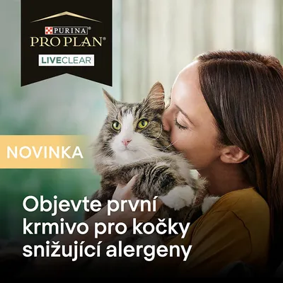 Purina Pro Plan LiveClear. Novinka. Objevte první krmivo pro kočky snižující alergeny. Text v češtine.