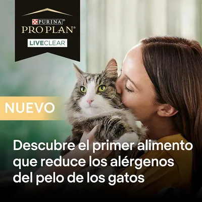 Purina Pro Plan LiveClear. Nuevo. Descubre el primer alimento que reduce los alérgenos del pelo de los gatos.