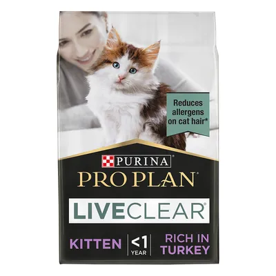 Purina Pro Plan LiveClear Kitten <1 year Rich in Turkey. Reduces allergens on cat hair. Opakowanie karmy dla kociąt. Purina Pro Plan LiveClear Kitten <1 year Rich in Turkey. Reduces allergens on cat hair. Opakowanie karmy dla kociąt.