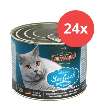 Leonardo Cat Food, rico en pescado de mar, 24x 200g latas. Made in Germany.