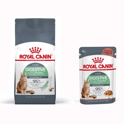 Royal Canin Feline Preference Savour Exigent oraz Royal Canin Instinctive 85 g. Opakowania karmy dla kotów, widoczne logo i znak procentowy oznaczający promocję.