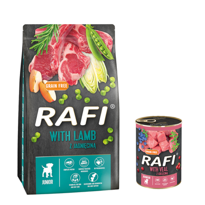 RAFI WITH LAMB z jagnięciną JUNIOR, grain free. Opakowanie suchej i mokrej karmy dla psa. Pomarańczowe koło z napisem: Wypróbuj teraz!