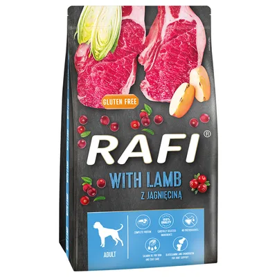  Pakiet mieszany Rafi Adult, 10 kg + 24 x 400 g - Zestaw I: 10 kg z jagnięciną + 24 x 400 g Pastete, z jagnięciną, jagodami i żurawiną