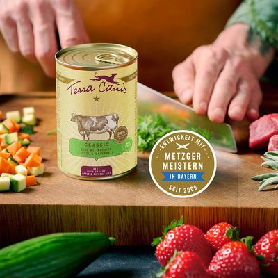 Terra Canis Hausmannskost pentru câini, vită cu morcov, măr și orez natural. Fără gluten, sărac în cereale, 100% calitate alimentară, 100% natural.