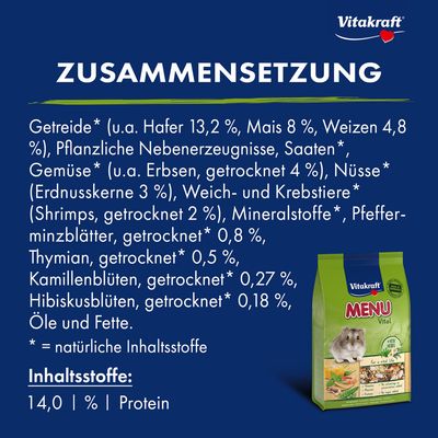 Vitakraft Menu Vital Hauptfutter für Zwerghamster mit Vita Herbs. Enthält Vitamine, Mineralien, Proteine. Ohne Zuckerzusatz, Farbstoffe oder Konservierungsstoffe. Made in Germany.