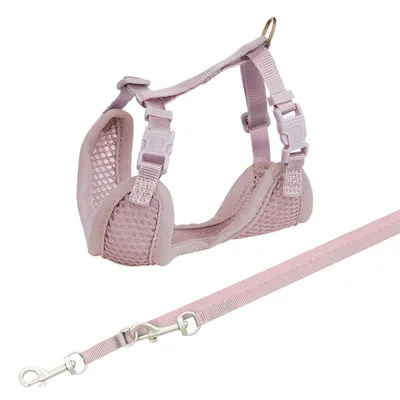 Pettorina regolabile in tessuto rosa con fibbie di plastica e guinzaglio coordinato dotato di moschettone metallico, entrambi visibili nell'immagine.