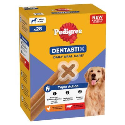 Pedigree Dentastix Daily Oral Care suurille koirille, 28 kpl. Triple Action: vähentää hammaskiveä jopa 80 %, terveemmät ikenet, raikkaampi hengitys, kanan- ja naudanlihalla.