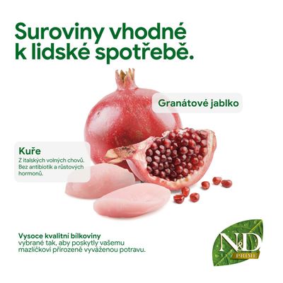 Suroviny vhodné na ľudskú spotrebu. Granátové jablko, kuracie mäso z talianskeho voľného chovu bez antibiotík a rastových hormónov. Kvalitné bielkoviny pre vyváženú výživu zvierat.