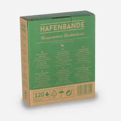 HAFENBANDE komposterbare hundeposer, biologisk nedbrydelige, lavet af majsstivelse, EU-standarder, 8 ruller à 15 poser, med frisk duft. Emballage viser detaljer på flere sprog.