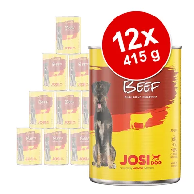 Set 12 conserve a câte 415 g JosiDog Beef, imagine cu ambalajul: etichetă galben-roșu, text vizibil 'Beef', 'JosiDog', desen câine și vacă, mențiune 'Made in Germany'.
