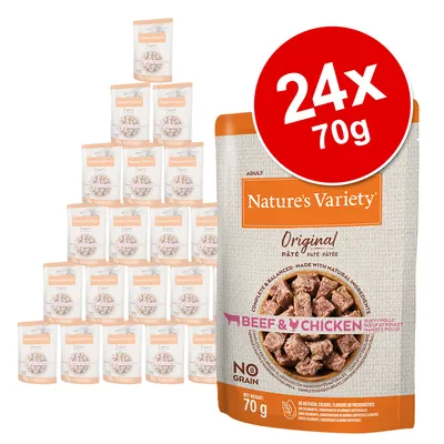 Nature's Variety Original Paté Beef & Chicken, 24 zakjes à 70g. Op de verpakking: No Grain, Adult, gemaakt met natuurlijke ingrediënten.