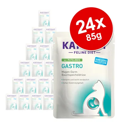 Kattovit Feline Diet Gastro, 24 sachets de 85 g, avec dinde et riz. Texte visible : Magen-Darm Bauchspeicheldrüse, fettarm und leicht verdaulich, hoher Elektrolytgehalt, verbesserte Rezeptur.