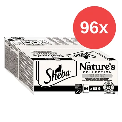 Carton Sheba Nature's Collection, 96 x 85 g, texte visible : MSC certified sustainable seafood, emballage recyclable, logo Sheba, pastille rouge avec 96x. Carton Sheba Nature's Collection, 96 x 85 g, texte visible : MSC certified sustainable seafood, emballage recyclable, logo Sheba, pastille rouge avec 96x.